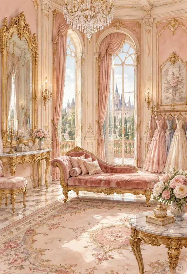 Illustration of an imagined pink and gold palace salon with arched windows, a gilded mirror and princess gowns. Not the actual venue.